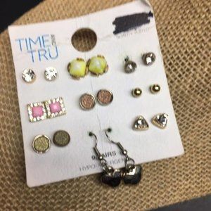 Time And Tru Earrings Lot Nine Pairs Mini Pierced Stud Dangle Pink Green Sparkle